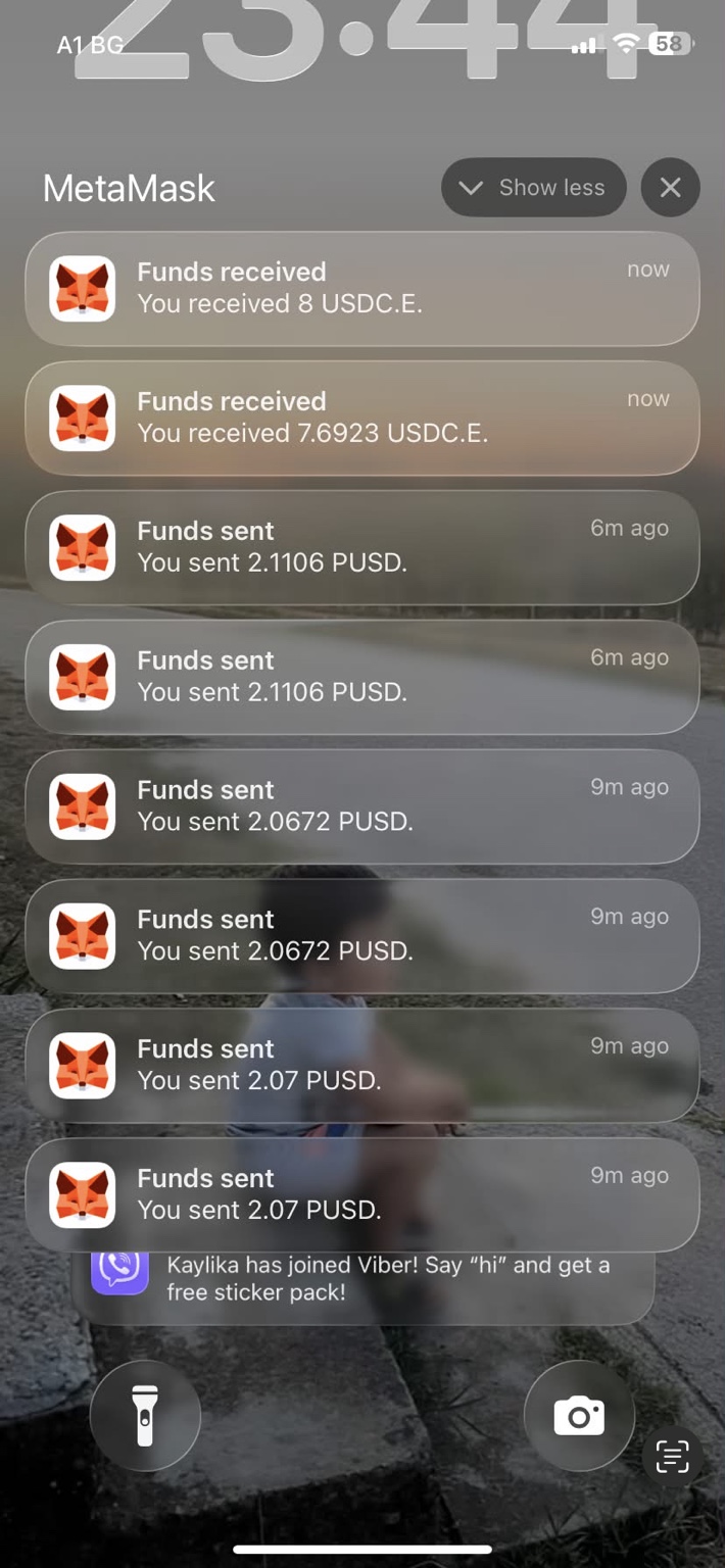 Founder mobile MetaMask notification stack showing funds sent and received