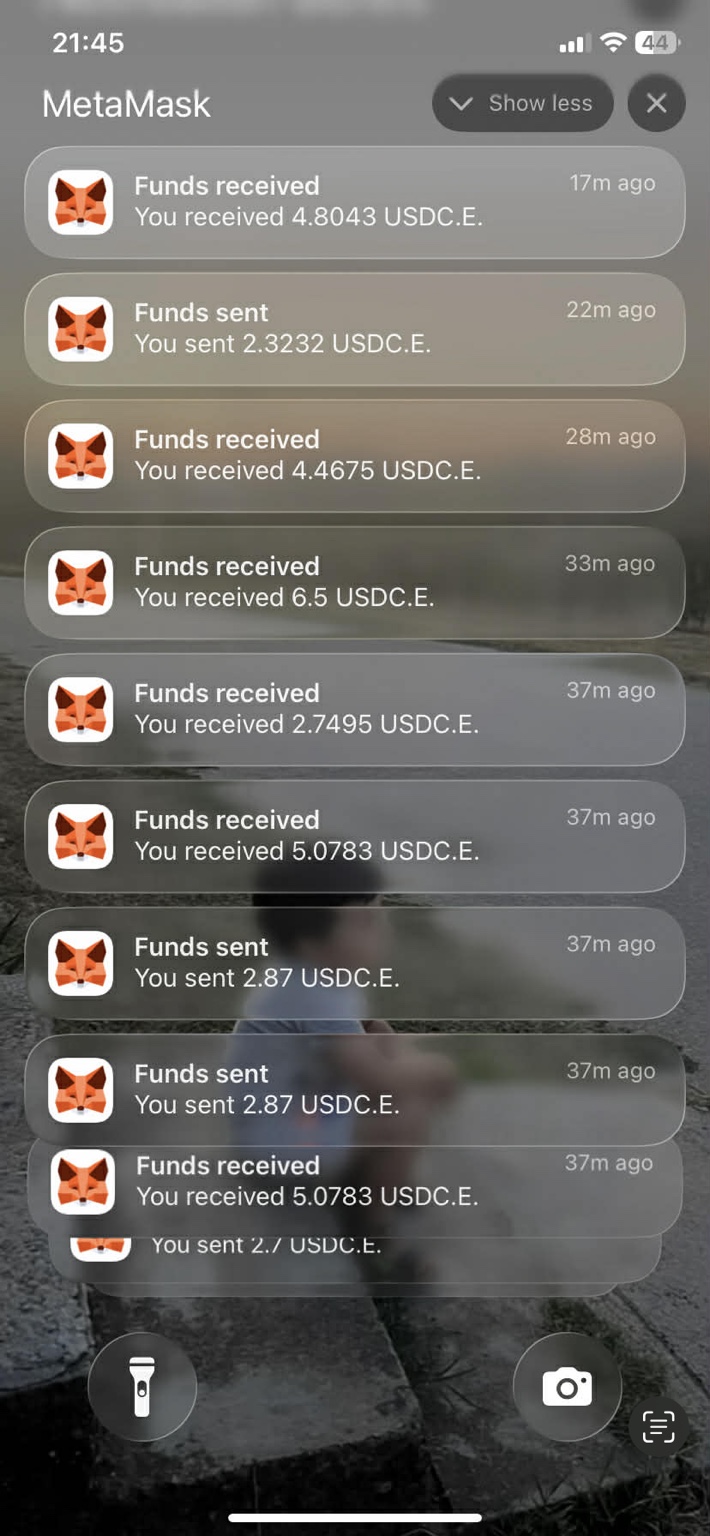 Founder mobile MetaMask notification stack showing repeated USDC.e sends and receives